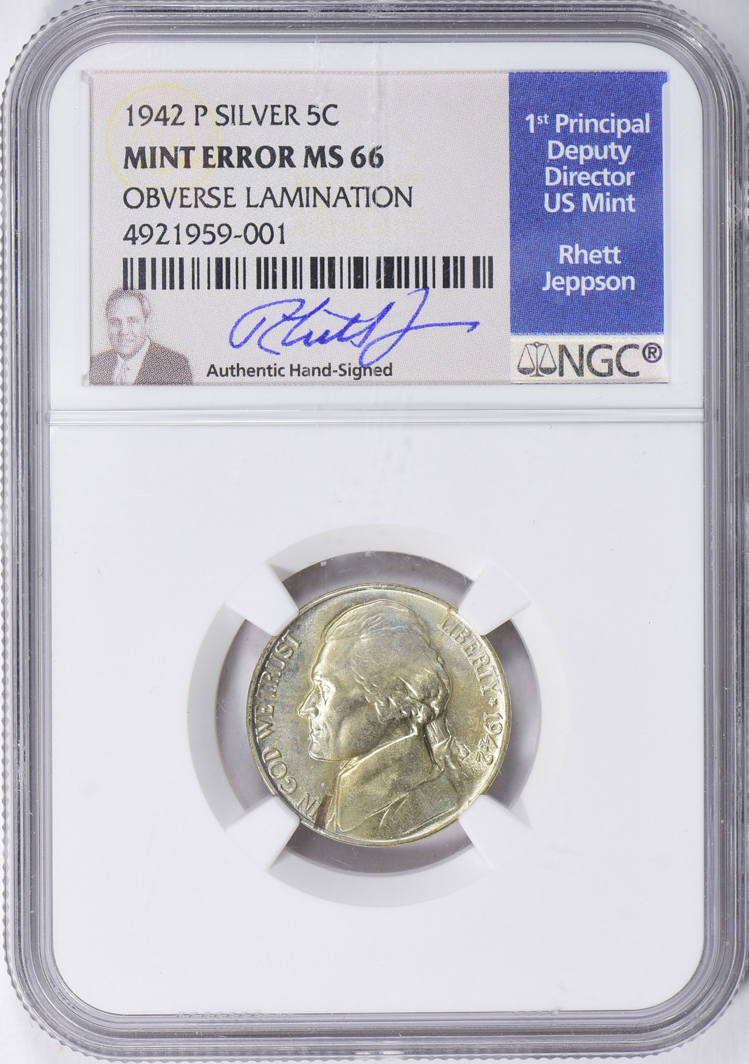 Mint Error 1942-P Silver Jefferson Nickel Obverse Lamination NGC