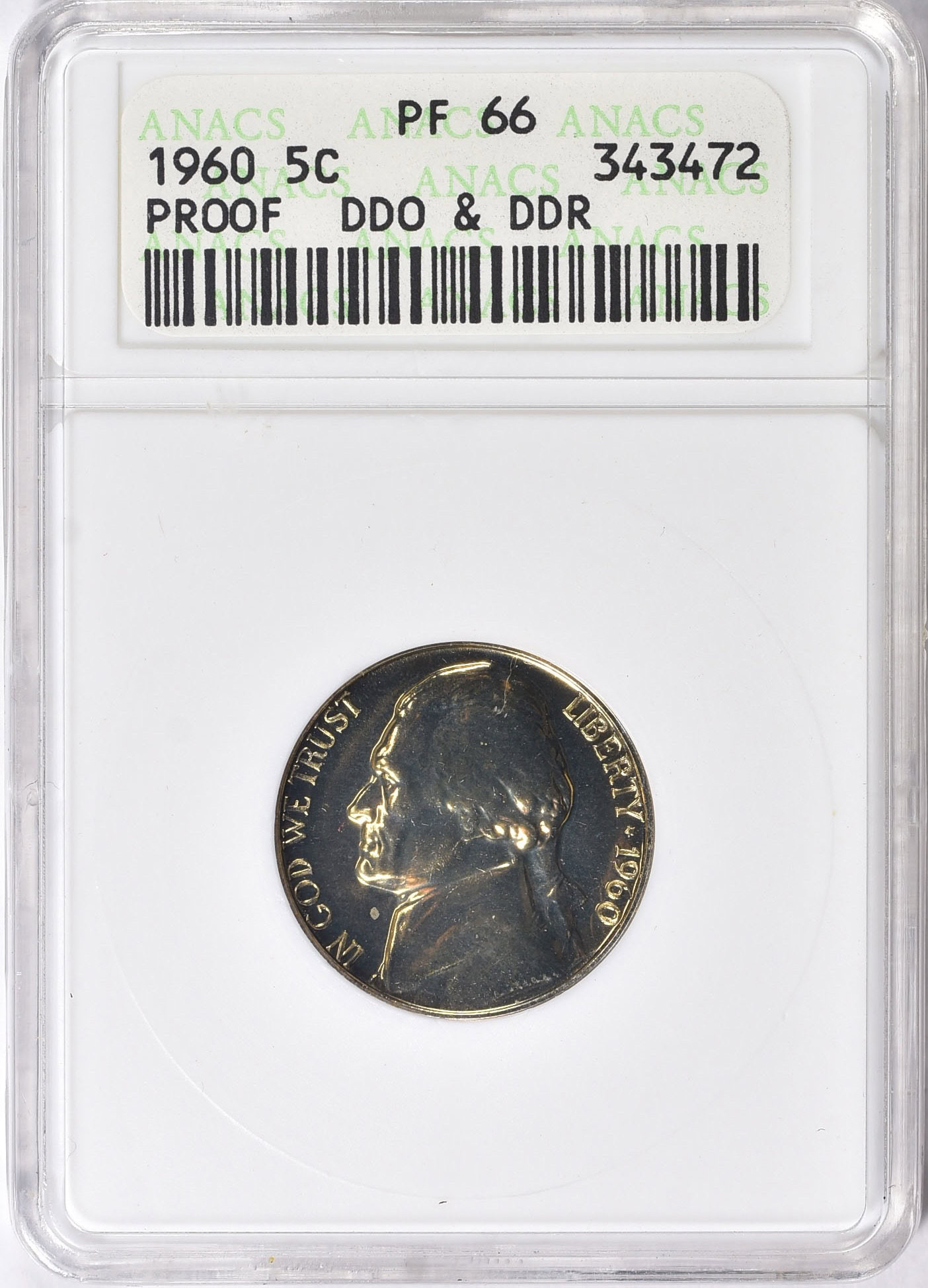1960 Jefferson Nickel DDO & DDR ANACS Proof-66 OH (Item 999835