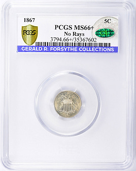 (稀少) アメリカ合衆国　シールドタイプ(レイなし)　5セント白銅貨　1867 1867 5C No Rays (Regular Strike) Shield Nickel - PCGS CoinFacts