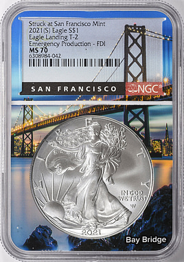 2021年 イーグル銀貨サンフランシスコ　TYPE1最終年度 MS70 緊急発行 2021 Heraldic Eagle T-1 MS70 Last Day of Production Mercanti
