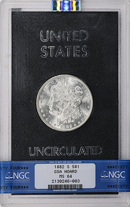 アメリカ　銀貨　1882-CC　少数版　GSA　ホルダー　証明書　記事 付き 1882-CC Morgan Dollar (GSA Holder) - Brilliant Uncirculated, 90