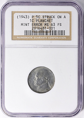 Mint Error (1943)-P Jefferson Nickel Struck on a 1c Planchet NGC