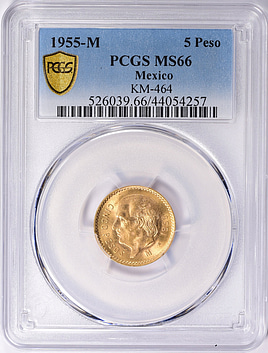 Mexico 1955-M Gold 5 Pesos KM-464 PCGS MS-66 (AGW = 0.1206 oz