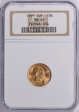 Sweden 1901-EB Gold 10 Kronor KM-767 NGC MS-65 (AGW = 0.1296 oz