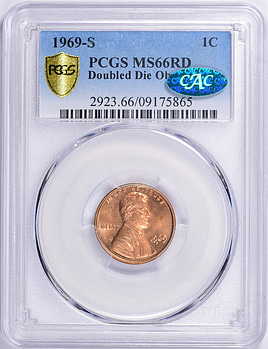 1969-S Lincoln Cent Doubled Die Obverse PCGS MS-66 RD (CAC Green