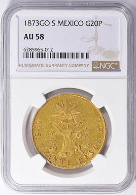 Mexico 1873-Go S Gold 20 Pesos KM-414.4 NGC AU-58 (AGW = 0.952 oz