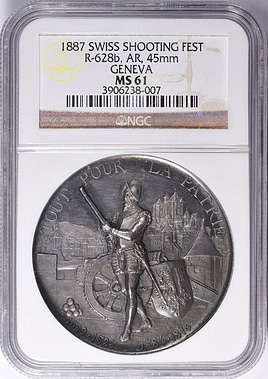 【早い者勝ち】射撃祭 1890  フラウエンフェルト銀メダル  MS62 Switzerland 1887 Silver 45mm Geneva Shooting Festival Medal R-628b