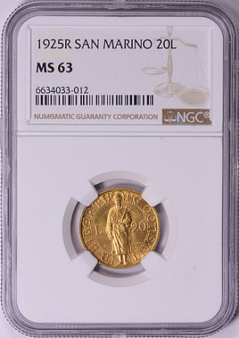 San Marino 1925-R Gold 20 Lire KM-8 NGC MS-63 (AGW = 0.1867 oz