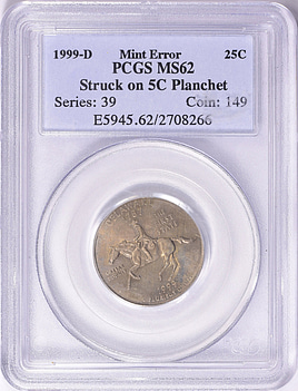 Mint Error 1999-D State Quarter Delaware Struck on 5c Planchet
