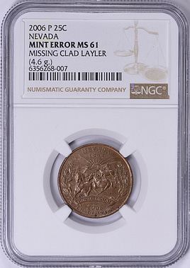 レアMs. Pioneer スエード 14 ネイティブウエスタンUSA 最終値下 Mint Error 2006-P State Quarter Nevada Missing Clad Layer (4.6 g