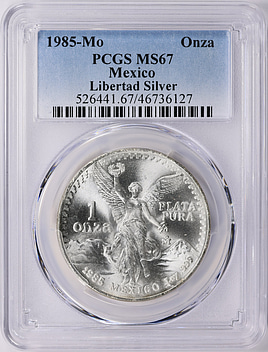 メキシコ　1ペソ　1967 【PCGS MS65】　世界コイン Mexico 1985-Mo Silver Onza Libertad KM-494.1 PCGS MS-67