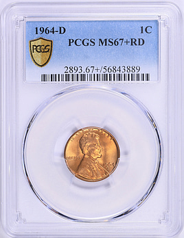 「pcgs社MS67 ランキング1」超レア　中華民国27年拾分 （10セント） 1964-D Lincoln Cent PCGS MS-67+ RD (Item 1520672