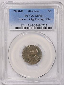 Mint Error 2000-D Jefferson Nickel Struck on 3.4g Foreign Planchet