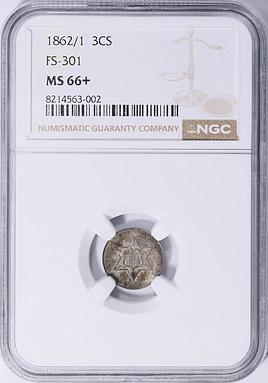1862/1 Silver Three-Cent Piece Overdate FS-301 NGC MS-66+ (Toned