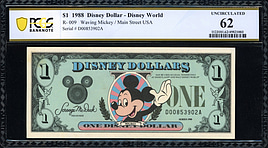 1988 Disney World $1 Disney Dollar Note Mickey / Main Street USA
