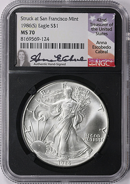 1986-(S) $1 Silver Eagle Struck at San Francisco NGC MS-70 (Anna