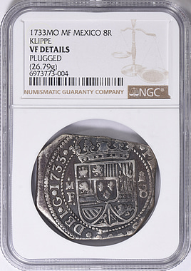 カナダドル　241.15ドル Mexico 1733-Mo MF Silver 8 Reales Klippe KM-48 NGC VF Details