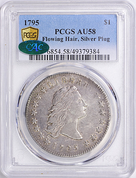 1795 Flowing Hair Silver Dollar Silver Plug PCGS AU-58 (CAC Green
