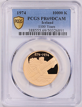 Iceland 1974 Gold 10,000 Kronur 1,100th Anniversary of First