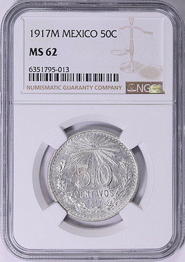 Mexico 1917-M Silver 50 Centavos KM-445 NGC MS-62 (Item 1731089