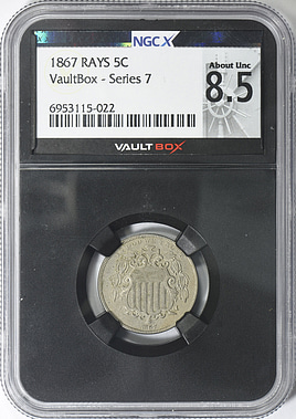 1867 Shield Nickel Rays NGCX About Unc 8.5 (NGC AU-55) (VaultBox