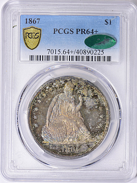 1867 Seated Liberty Silver Dollar PCGS Proof-64+ (CAC Green