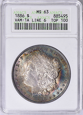 ちゃきページ^ ^ 1886 Morgan Silver Dollar Line in 6 VAM-1A Top 100 ANACS MS-63 OH