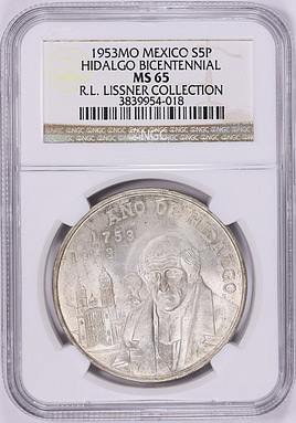 Mexico 1953-Mo Silver 5 Pesos Hidalgo KM-468 NGC MS-65 (Ex: R.L.