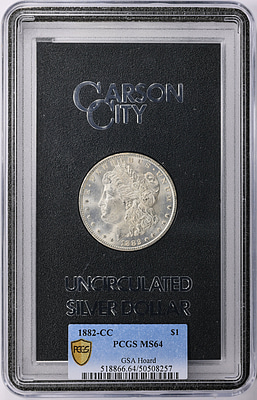 アメリカ　銀貨　1882-CC　少数版　GSA　ホルダー　証明書　記事 付き 1882-CC Morgan Silver Dollar GSA Hoard PCGS MS-64 (GSA Holder