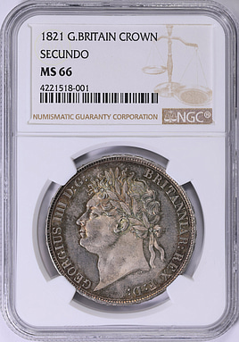 Great Britain 1821 Silver Crown SECUNDO Edge KM-680.1 NGC MS-66
