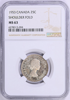 Canada 1953 Silver 25 Cents With Shoulder Strap KM-52 NGC MS-63