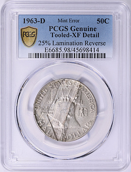 Mint Error 1963-D Franklin Half Dollar 25% Lamination Reverse PCGS
