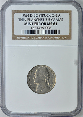Mint Error 1964-D Jefferson Nickel Struck on a Thin Planchet 3.5