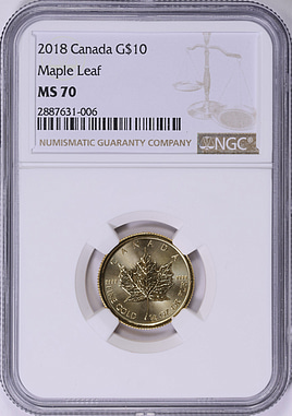 Canada 2018 Gold $10 Maple Leaf KM-2662 NGC MS-70 (AGW = 0.25 oz