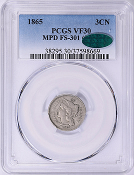 1865 Nickel Three-Cent Piece Misplaced Date FS-301 (001) PCGS VF