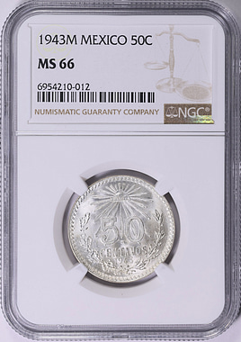 Mexico 1943-M Silver 50 Centavos KM-447 NGC MS-66 (Item 1863182