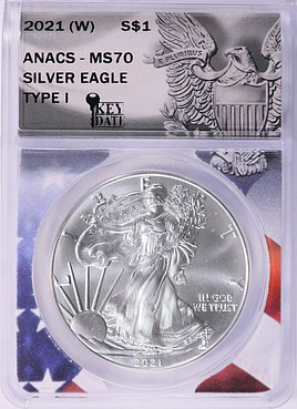 2021年緊急生産ER　MS70イーグル銀貨　TYPE1 コロナショック緊急発行 2021-(W) $1 Silver Eagle Type 1 Struck at West Point ANACS MS-70