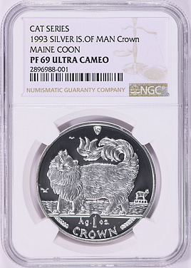 Isle of Man 1993-PM Silver Crown Maine Coon Cat KM-353a NGC Proof