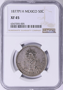 Mexico 1877-Pi H Silver 50 Centavos KM-407.7 NGC XF-45 (Item