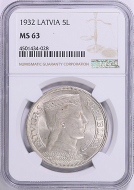 Latvia 1932 Silver 5 Lati KM-9 NGC MS-63 (Item 1879920