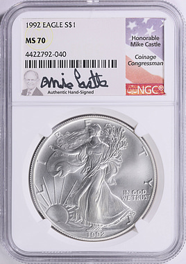 1992 $1 Silver Eagle NGC MS-70 (Mike Castle Signed Label) (Item