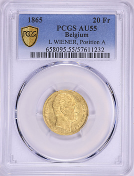 Belgium 1865 Gold 20 Francs L WIENER, Position A KM-23 PCGS AU-55
