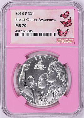 2018-P Breast Cancer Awareness Silver Dollar NGC MS-70 (Pink Frame