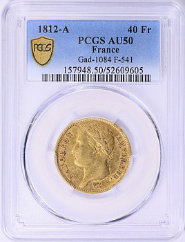 France 1812-A Gold 40 Francs KM-696.1 PCGS AU-50 (AGW = 0.3734 Oz