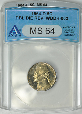 1964-D Jefferson Nickel Doubled Die Reverse WDDR-002 ANACS MS-64