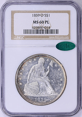 1859-O Seated Liberty Silver Dollar NGC MS-60 PL (CAC Green