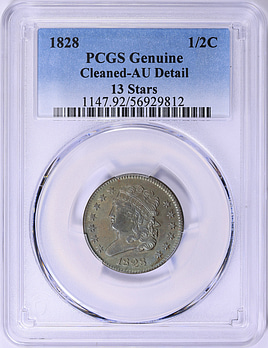 1828 Classic Half Cent 13 Stars PCGS Genuine AU Details (Item