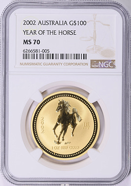 2021年 オーストラリア　牛年 NGC MS70 6077105-172 Australia 2002 Gold $100 Lunar Series, Year of the Horse KM-587