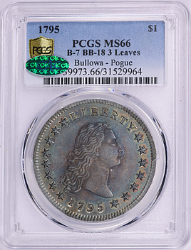 1795 Flowing Hair Silver Dollar B-7 BB-18 3 Leaves PCGS MS-66 (CAC Green) (Toned) (Ex. Bullowa & Pogue Collections)
