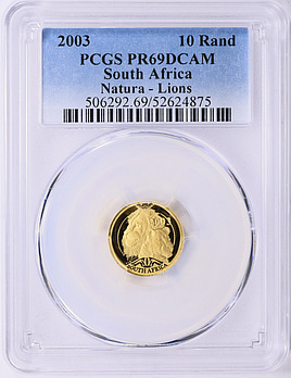 South Africa 2003 Gold 10 Rand Natura - Lions KM-414 PCGS Proof-69